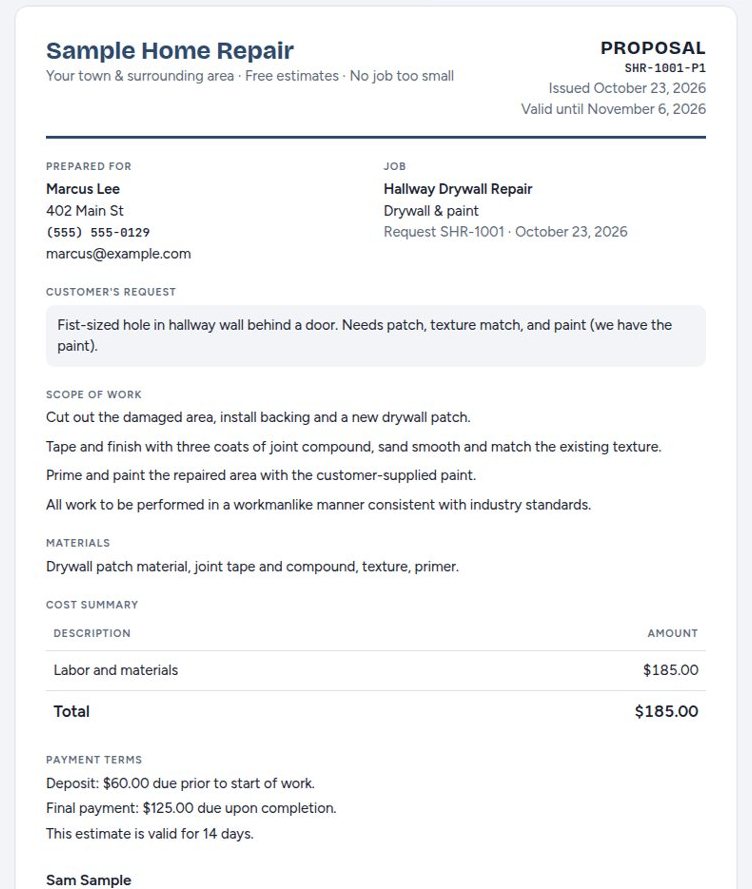 Sample proposal: scope of work, materials, cost summary and payment terms